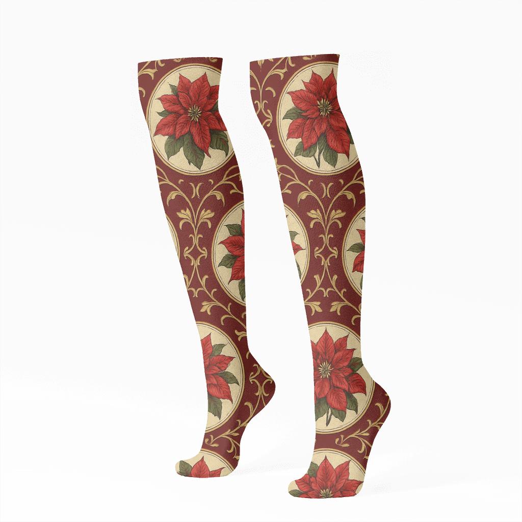 Golden Filigree Poinsettia Medallion Lattice On Deep Crimson comfortable cotton knee-high socks