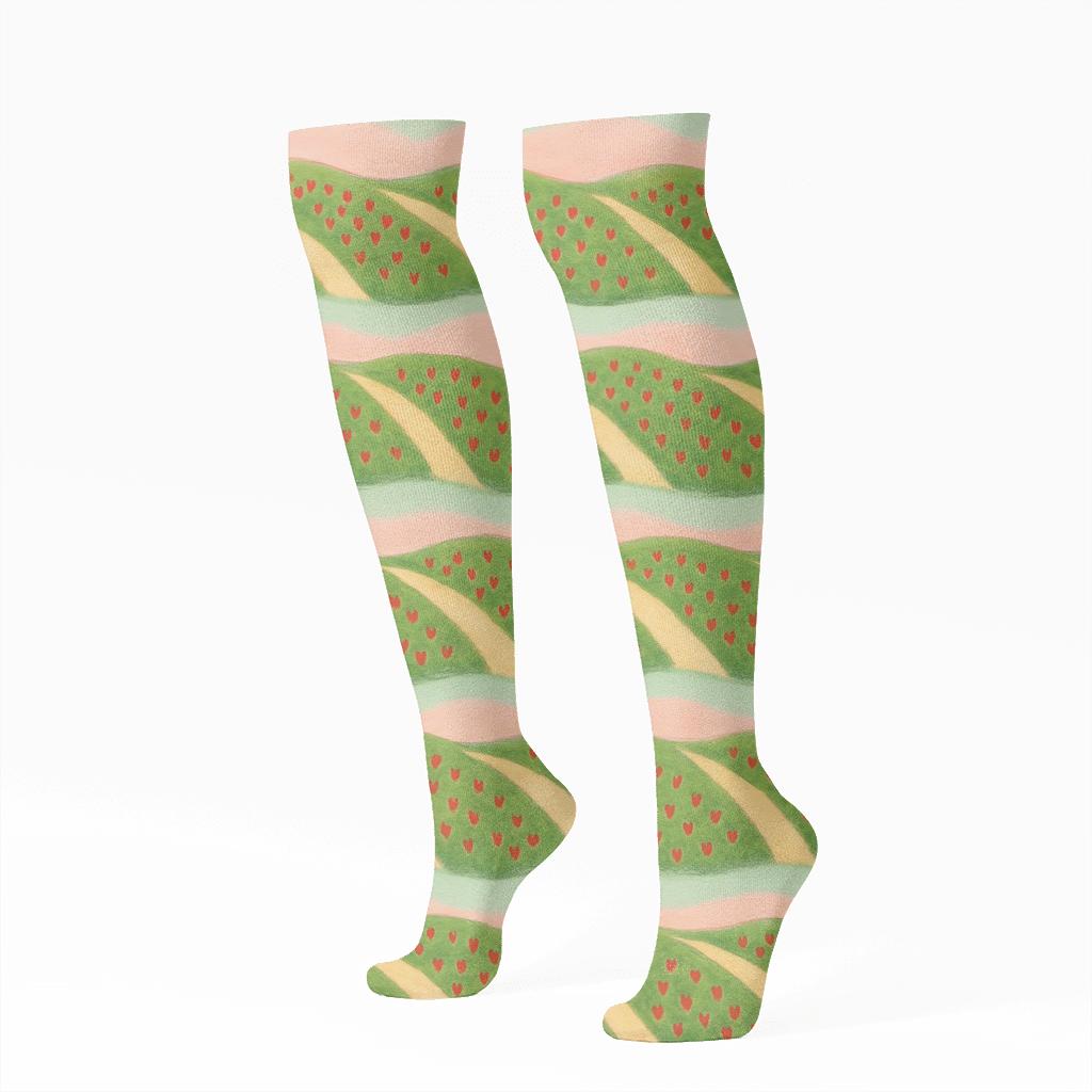 Rolling Strawberry Field Stripe Landscape unique graphic knee-high socks