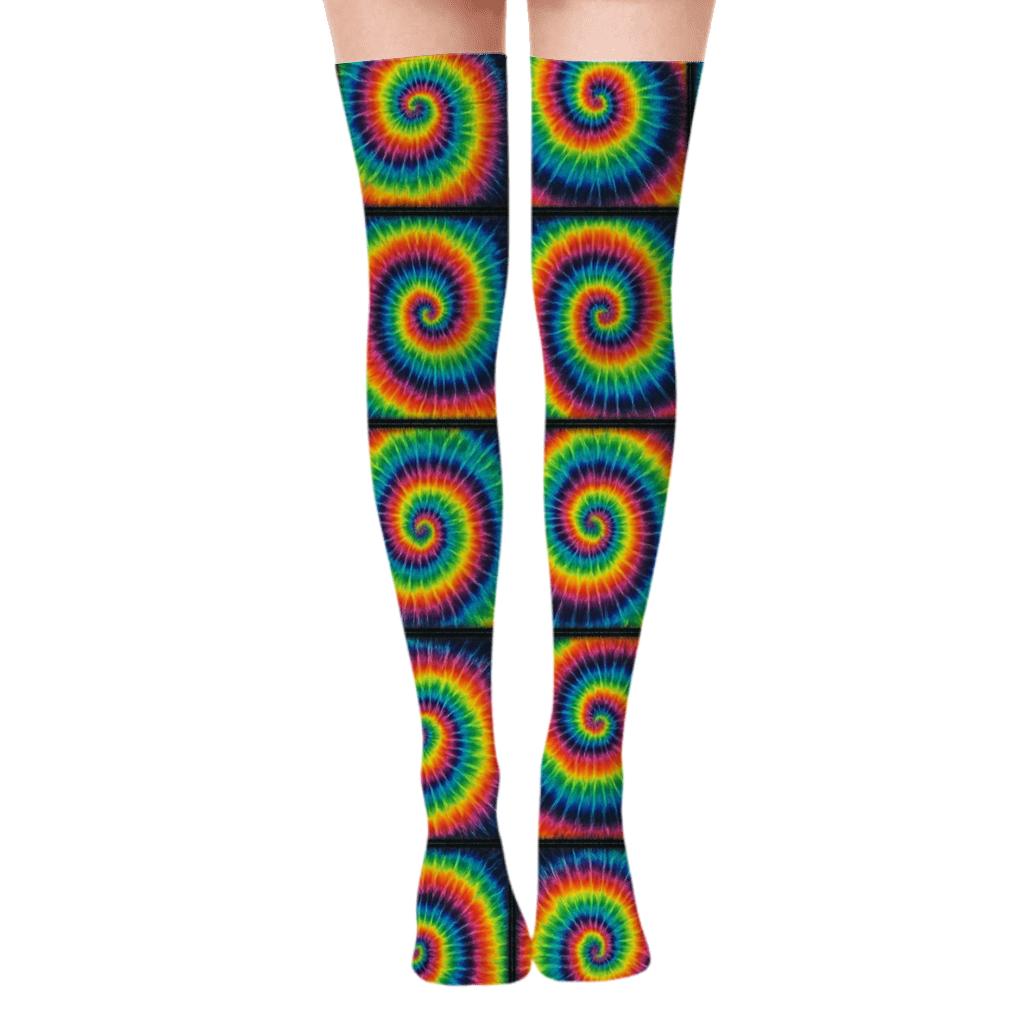 Neon Spiral Whorl Grid On Black Background unique graphic over-the-knee socks