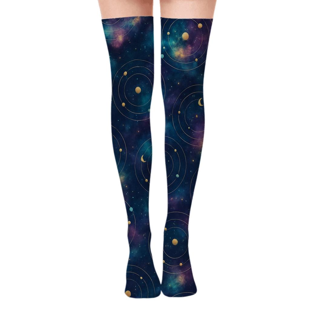 Nebula Orbit Bands On Midnight Gradient trendy patterned over-the-knee socks