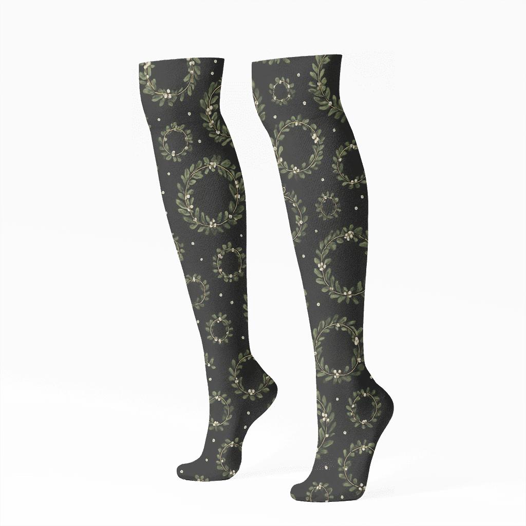 Midnight Mistletoe-Collage Wreath Orbits trendy patterned knee-high socks