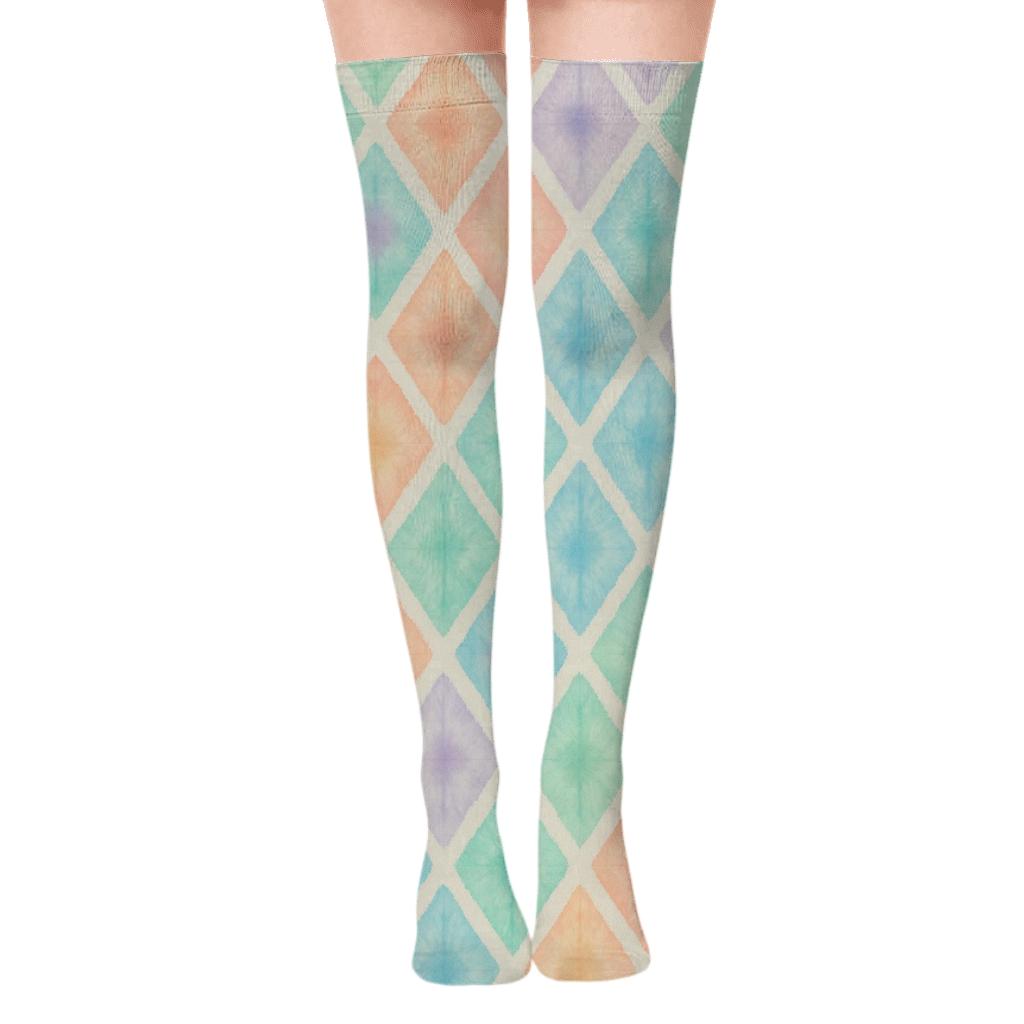 Pastel Shibori Diamond Lattice On White comfortable cotton over-the-knee socks