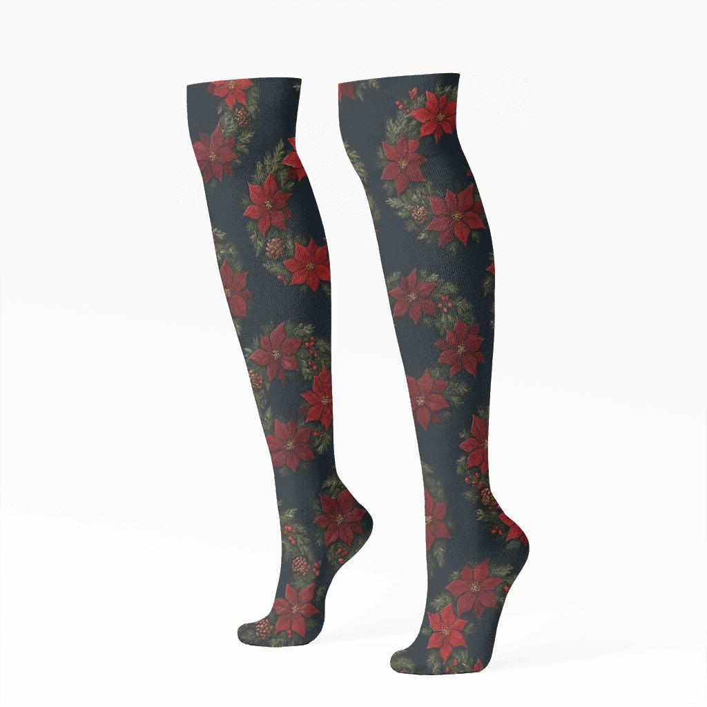 Snow Dusted Poinsettia Wreath Rings On Midnight Navy custom knee-high socks