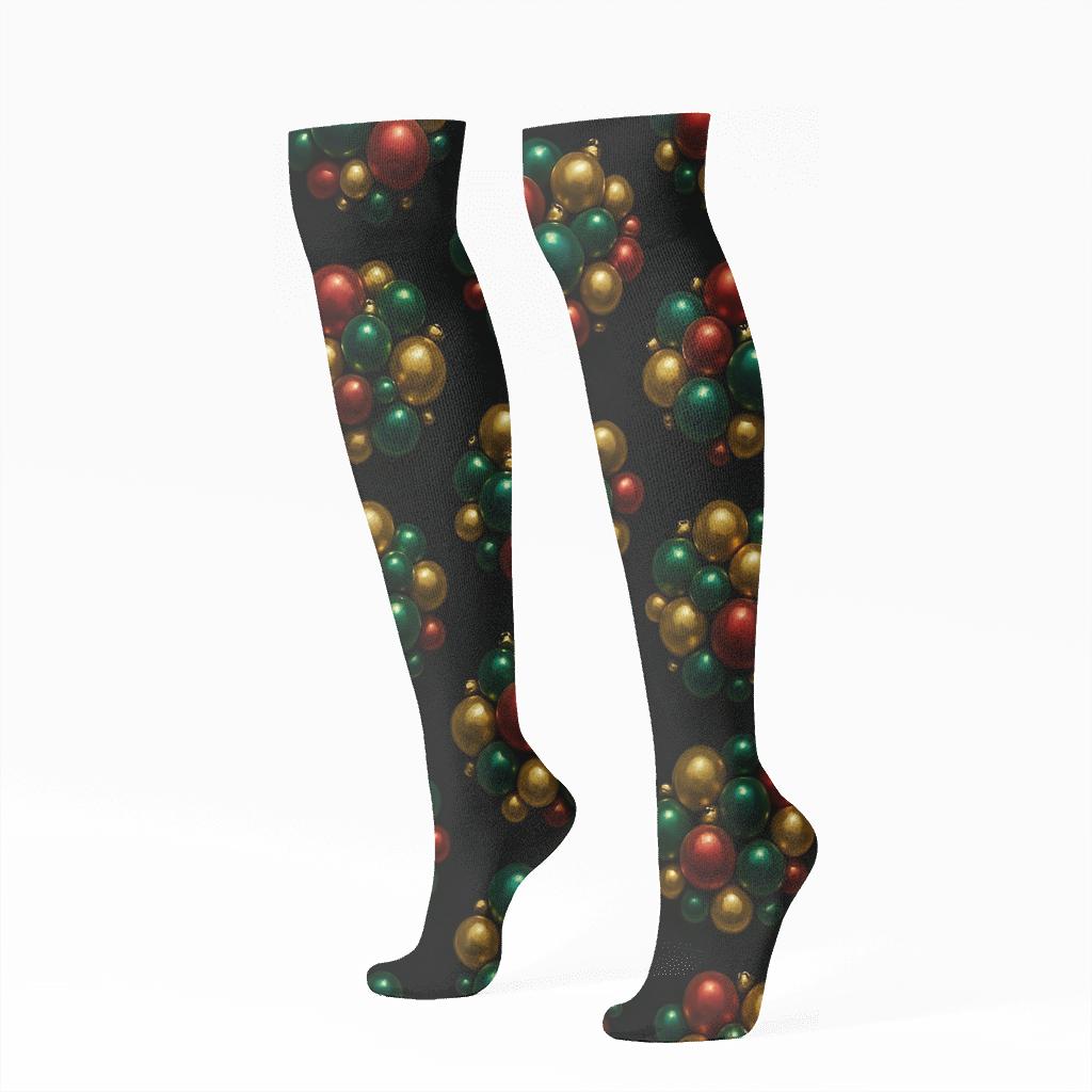 Glistening Xmas Bauble Cluster On Black Velvet soft everyday knee-high socks