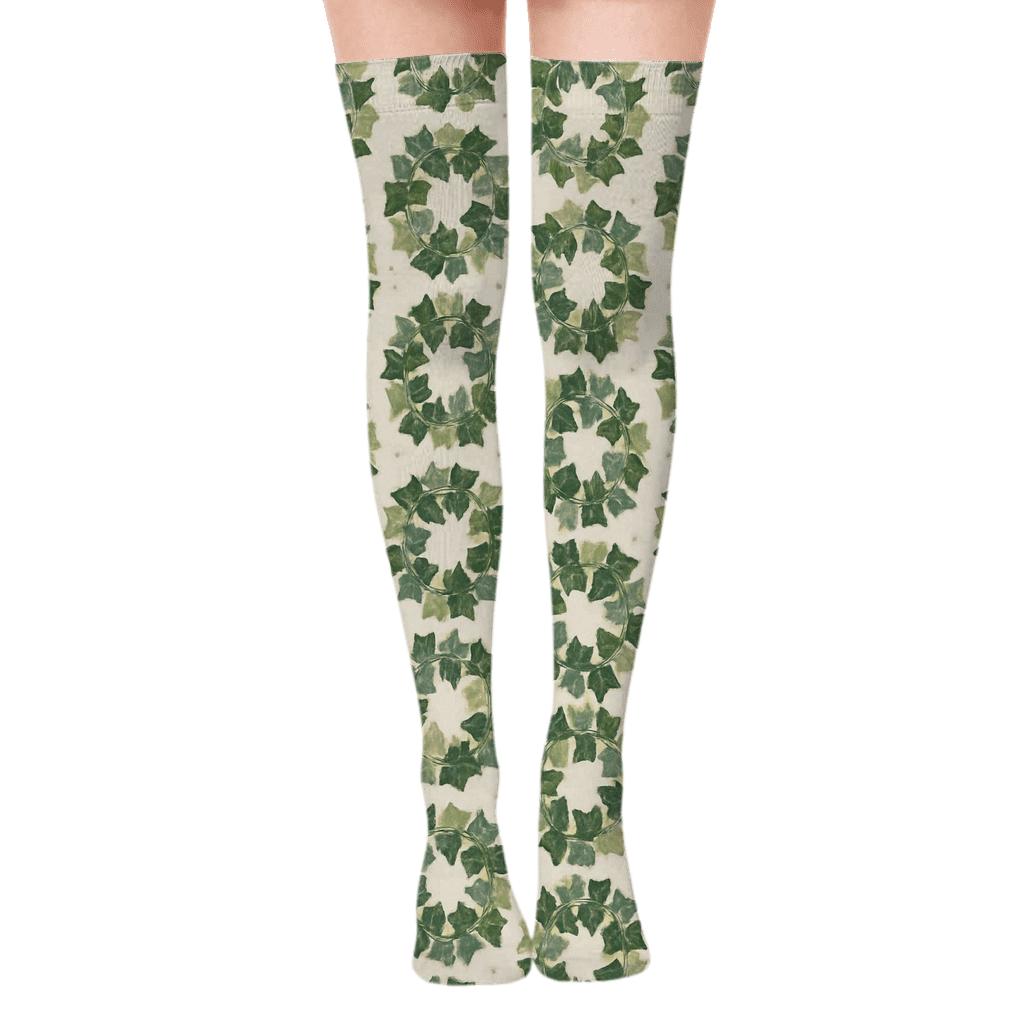 Variegated Ivy Medallion Tiles On Pale Cream stylish fashion over-the-knee socks