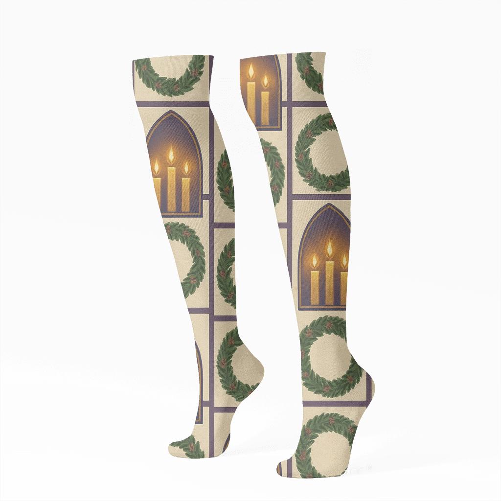 Candlelit Window Silhouettes Advent-wreath Tapestry premium sports knee-high socks