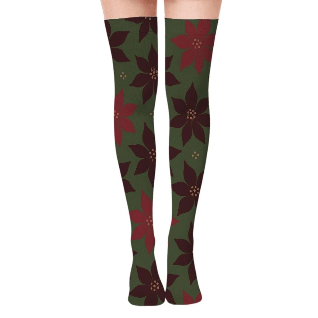 Burgundy Poinsettia Silhouette Scatter On Moss Green premium cozy over-the-knee socks