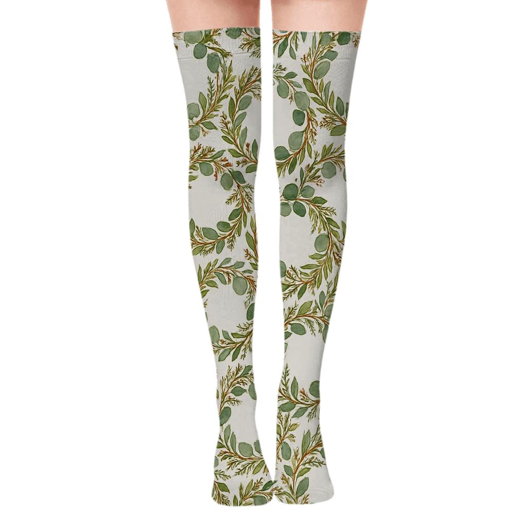 Evergreen Halo Study Wreath Edition On Dove Gray stylish fashion over-the-knee socks