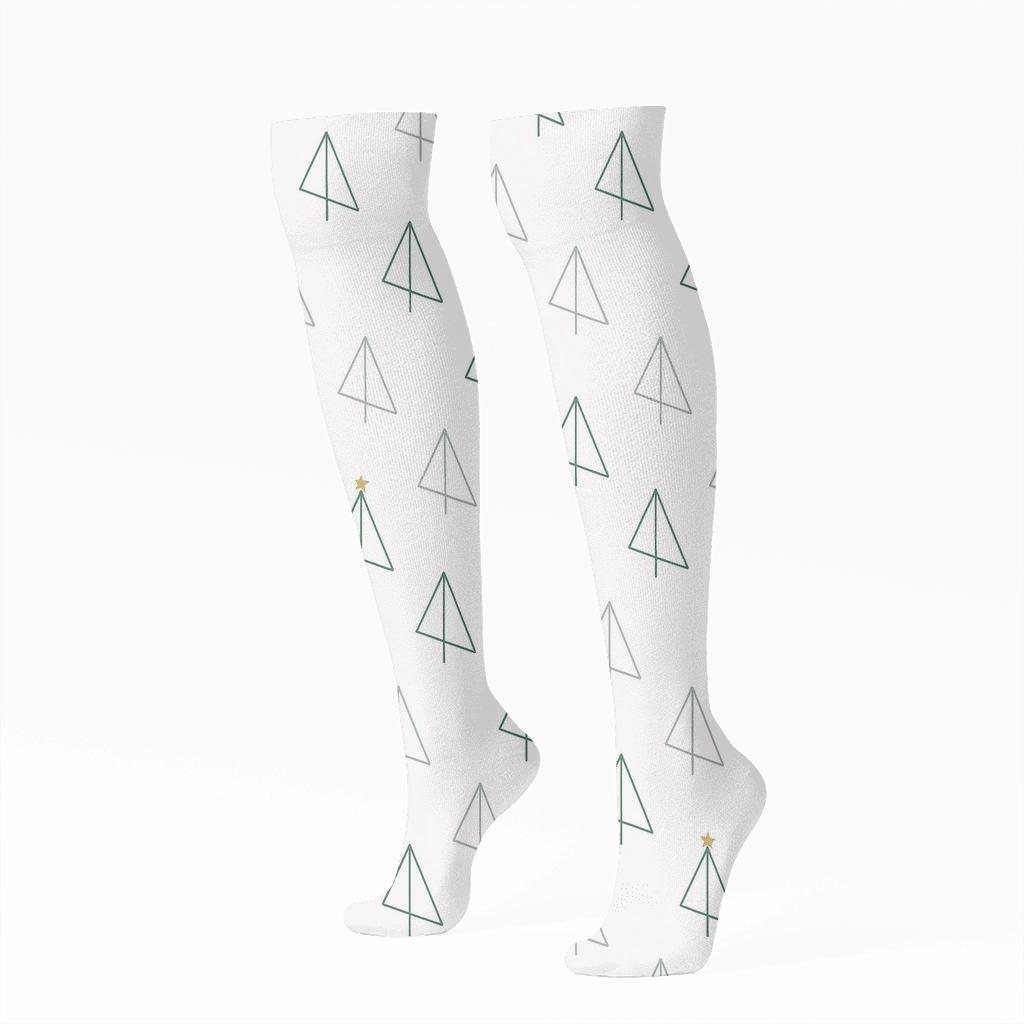 Minimal Holiday Tree Line Icons On White trendy patterned knee-high socks