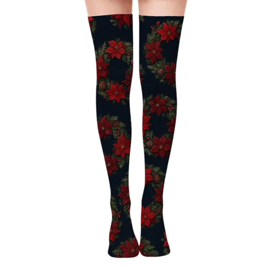 Snow Dusted Poinsettia Wreath Rings On Midnight Navy comfortable cotton over-the-knee socks