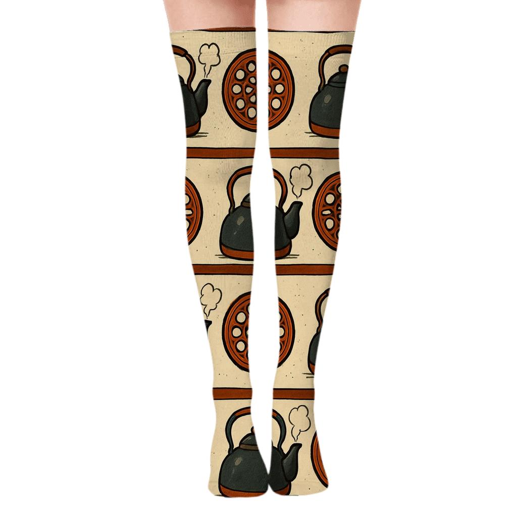 Kettle And Trivet Heart Motif Banding On Warm Cream comfortable cotton over-the-knee socks