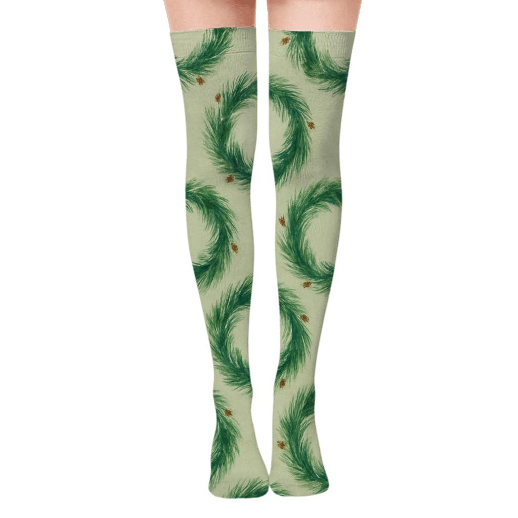 Forest Halo Pattern (Evergreen Branches Edition) comfortable cotton over-the-knee socks