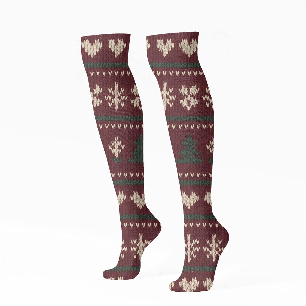 Sweater Style Holiday Fair Isle On Burgundy custom knee-high socks