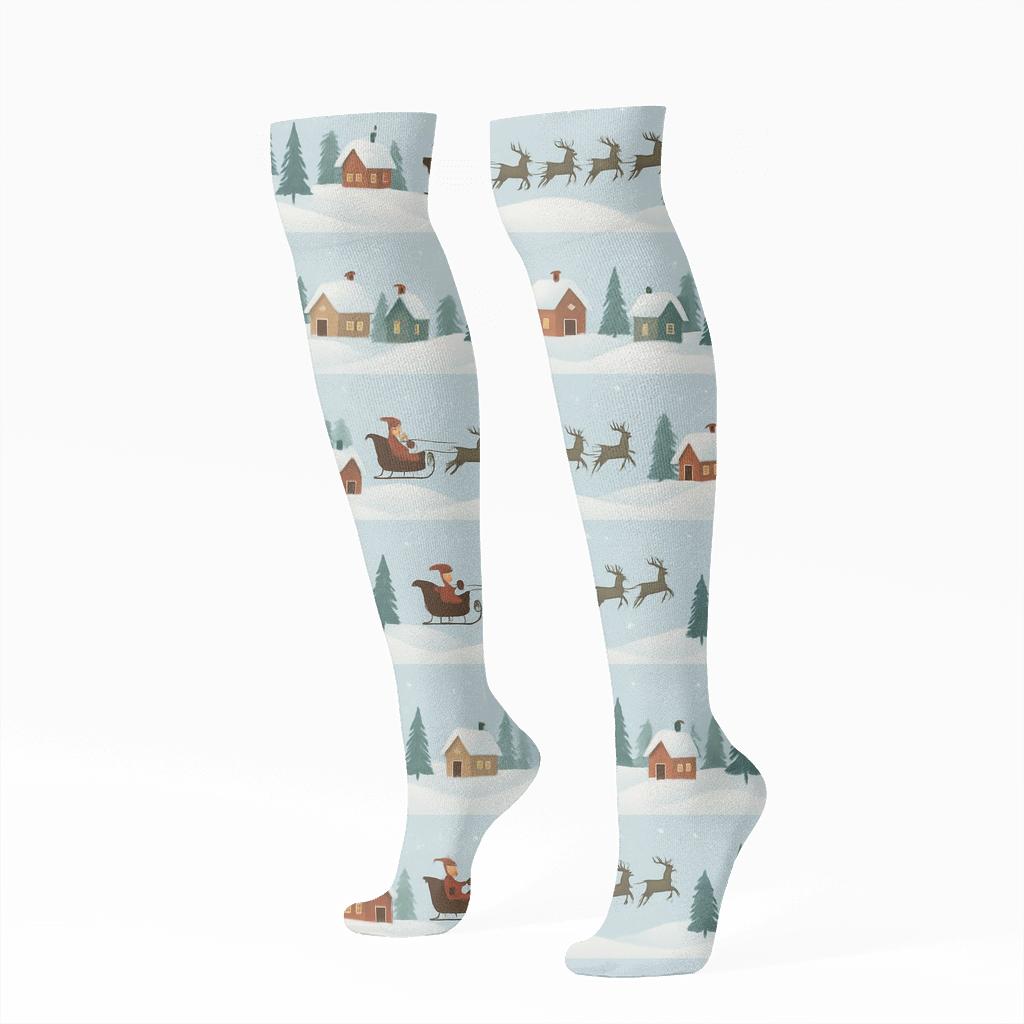 Xmas Sleigh Ride Landscape Wraparound comfortable cotton knee-high socks