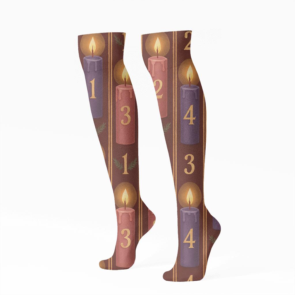 Golden Numbered Quartet Pattern Advent Candles designer print knee-high socks