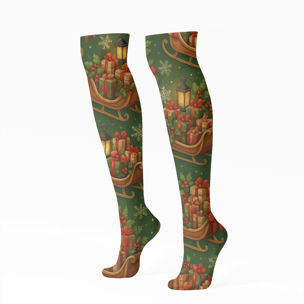 Lantern-Lit Snowfield Sleigh-Collage Tapestry custom knee-high socks