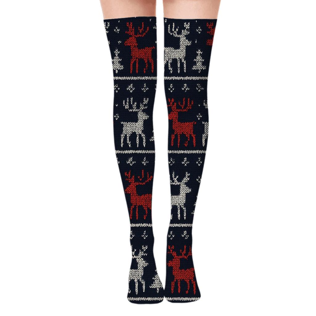 Holiday Nordic Reindeer Bands On Midnight Knit Field trendy patterned over-the-knee socks