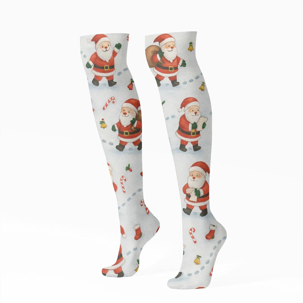 Santa Claus Snowy Footprint Trail unique graphic knee-high socks