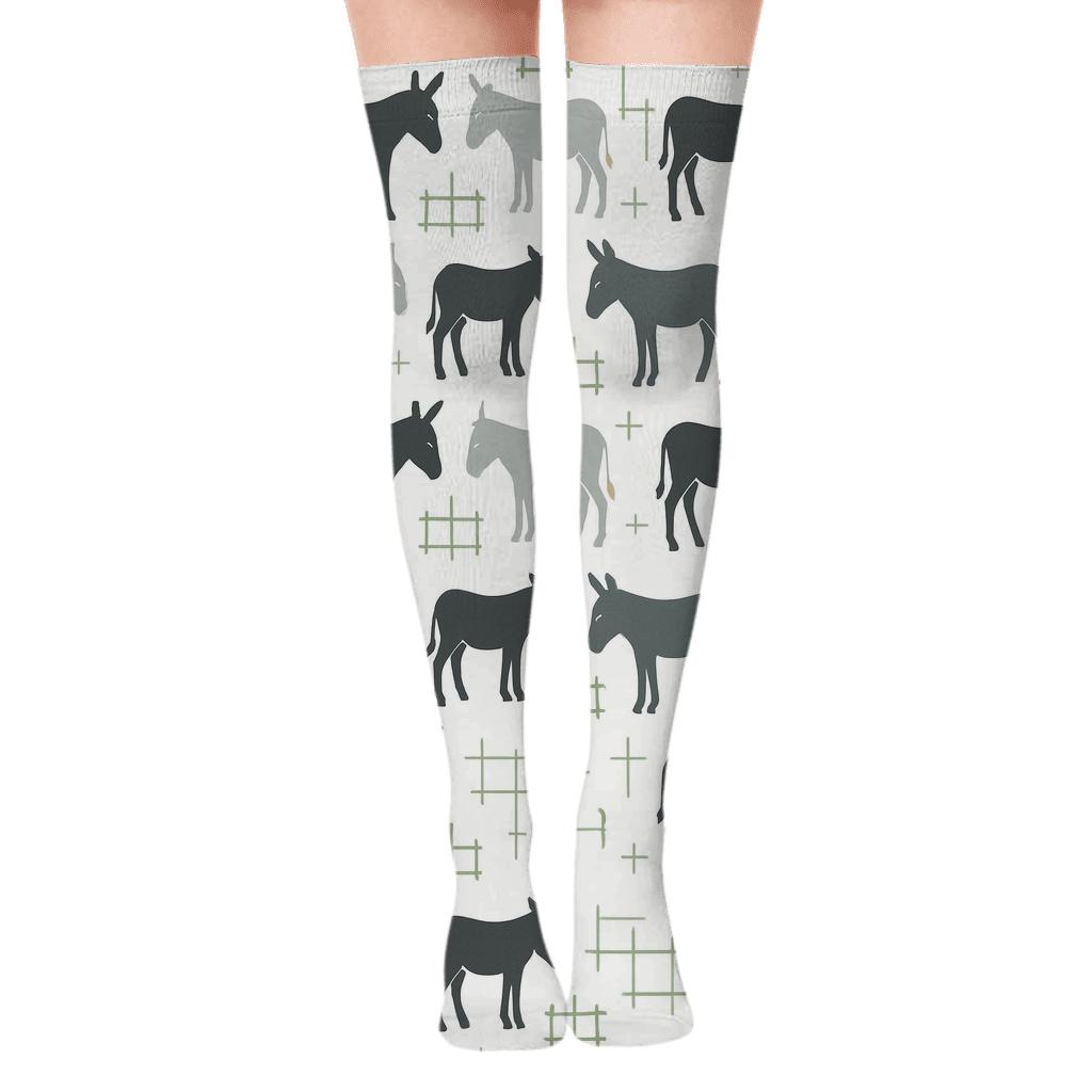 Pasture Silhouette Grid With Donkey Rhythm personalized over-the-knee socks
