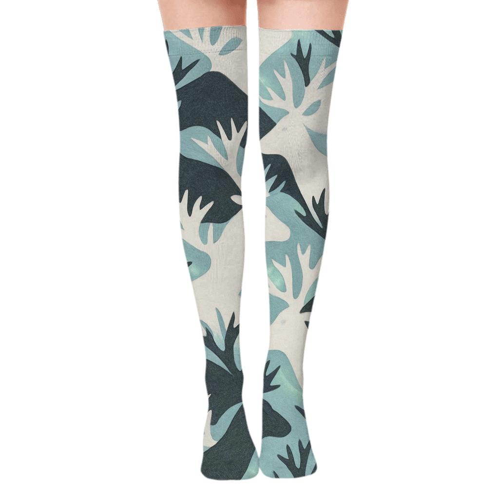 Aurora Antler Tessellation With Reindeer Silhouettes soft everyday over-the-knee socks