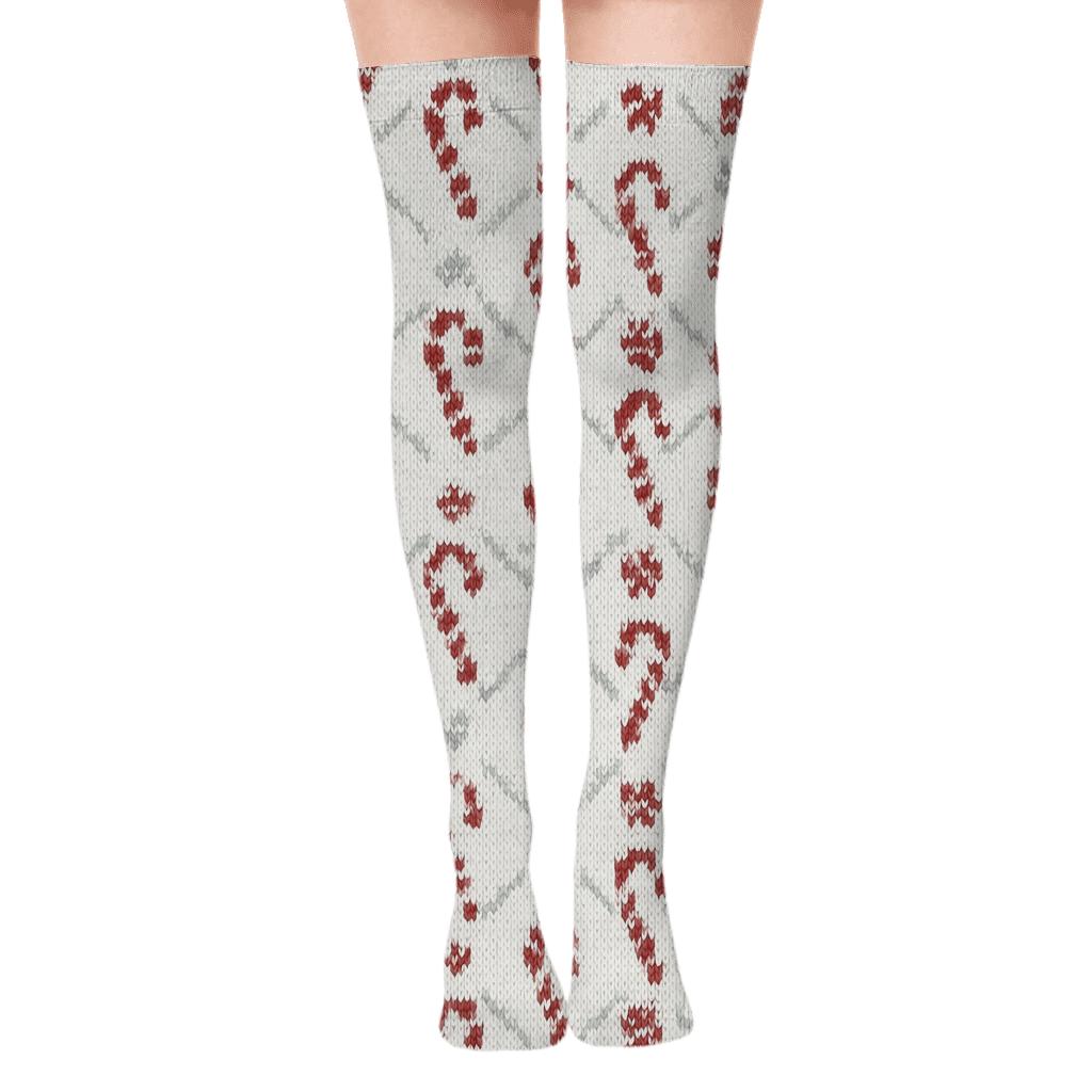 Candy Canes Nordic Knit Lattice On Winter White custom over-the-knee socks