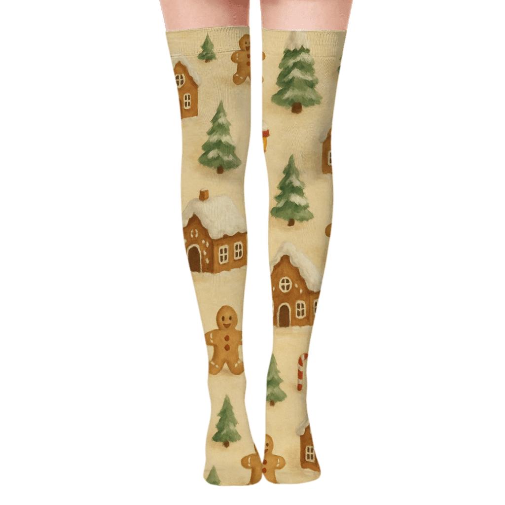 Gingerbread Village Xmas Scatter On Warm Cream custom over-the-knee socks