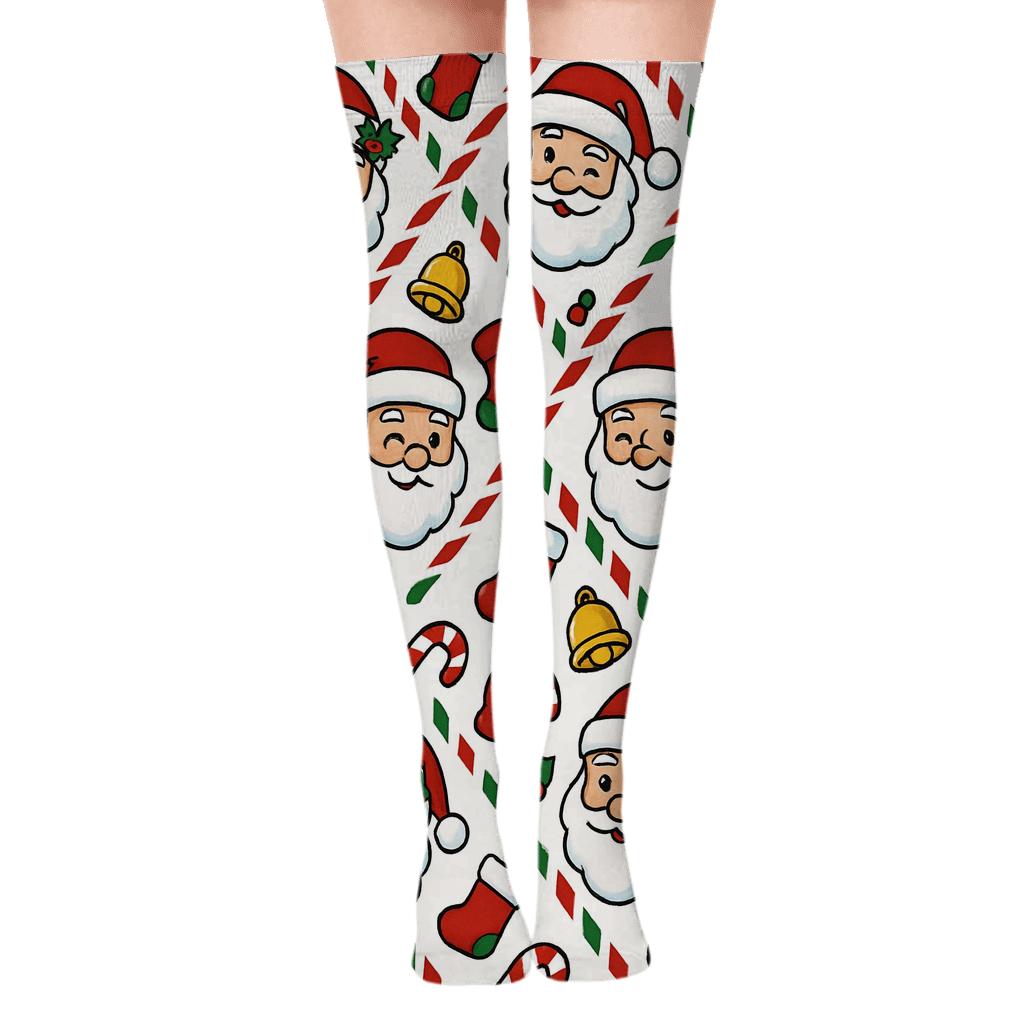 Candy Cane Parade With Santa Claus Motif designer print over-the-knee socks