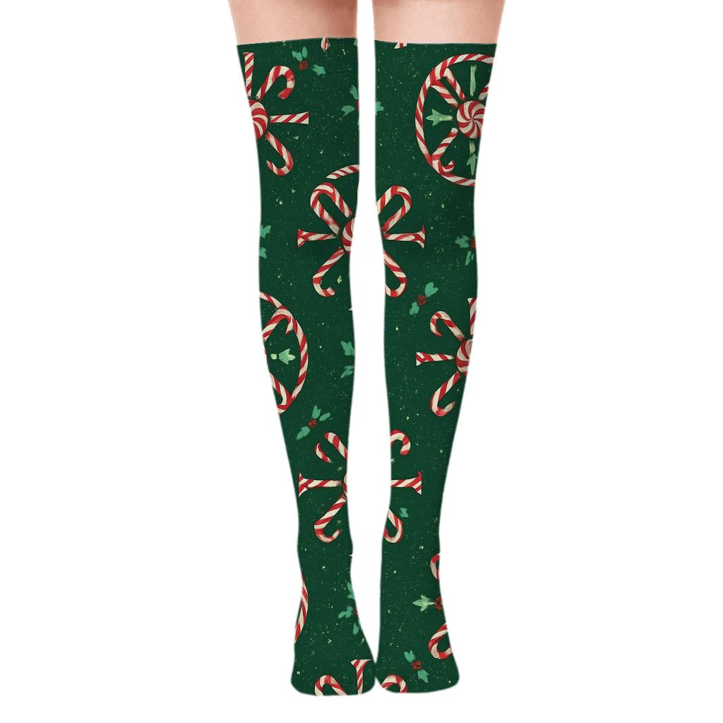 Scarlet Spiral Medallions With Candy Canes Motif soft everyday over-the-knee socks