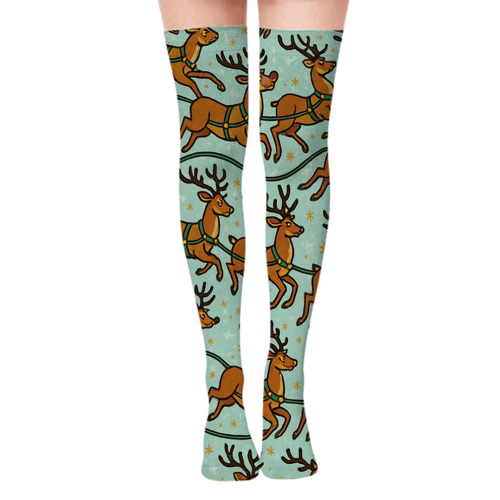 Snowy Sleigh Trail Pattern Rudolph Edition comfortable cotton over-the-knee socks