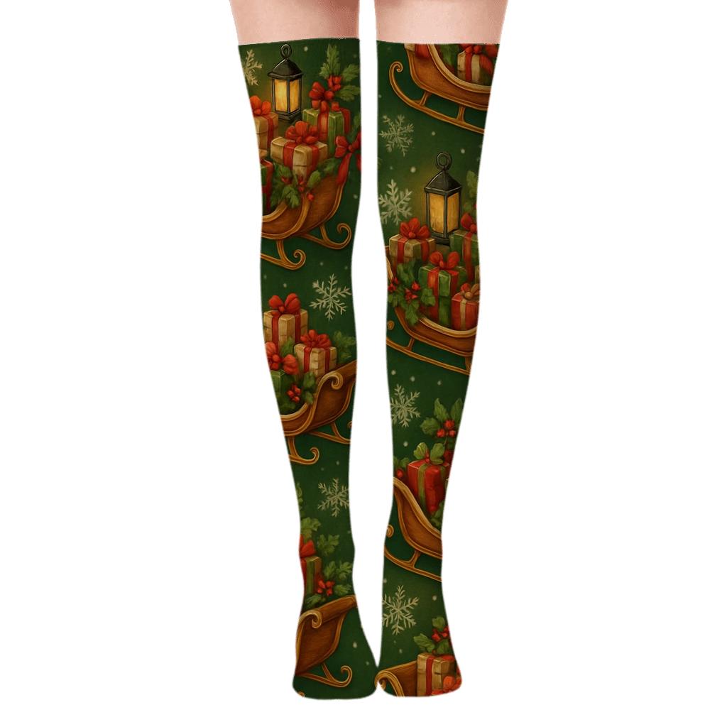 Lantern-Lit Snowfield Sleigh-Collage Tapestry trendy patterned over-the-knee socks
