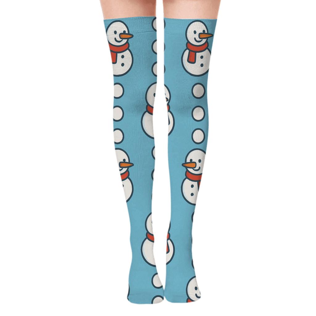 Snowman Xmas Polka Stripe On Sky Blue custom over-the-knee socks