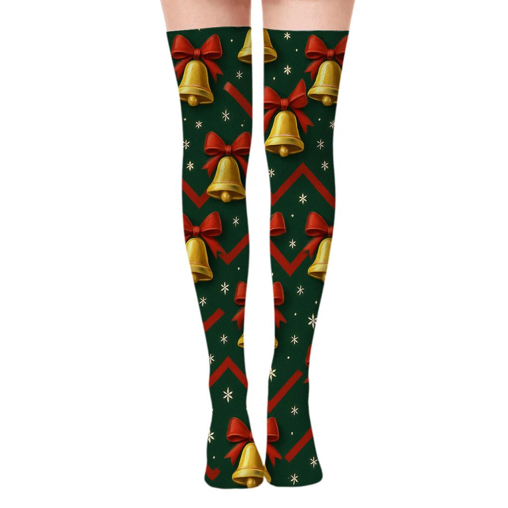 Golden Holiday Bells Chevron On Dark Forest trendy patterned over-the-knee socks