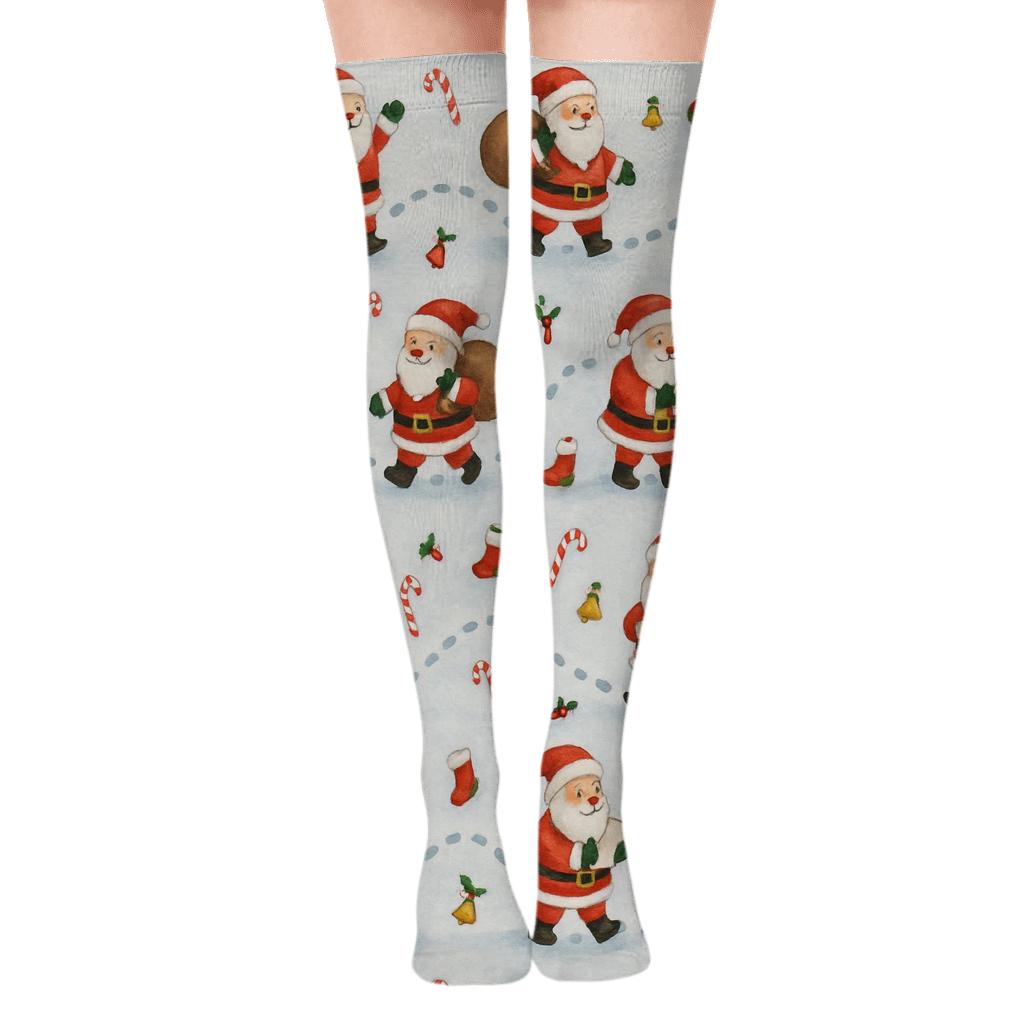 Santa Claus Snowy Footprint Trail personalized over-the-knee socks