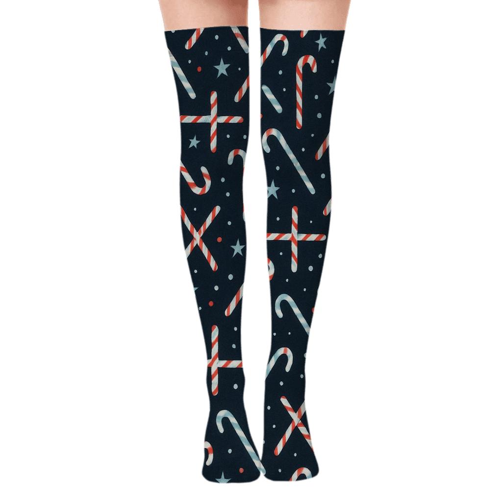 Icy Night Candy-canes Constellation Grid designer print over-the-knee socks