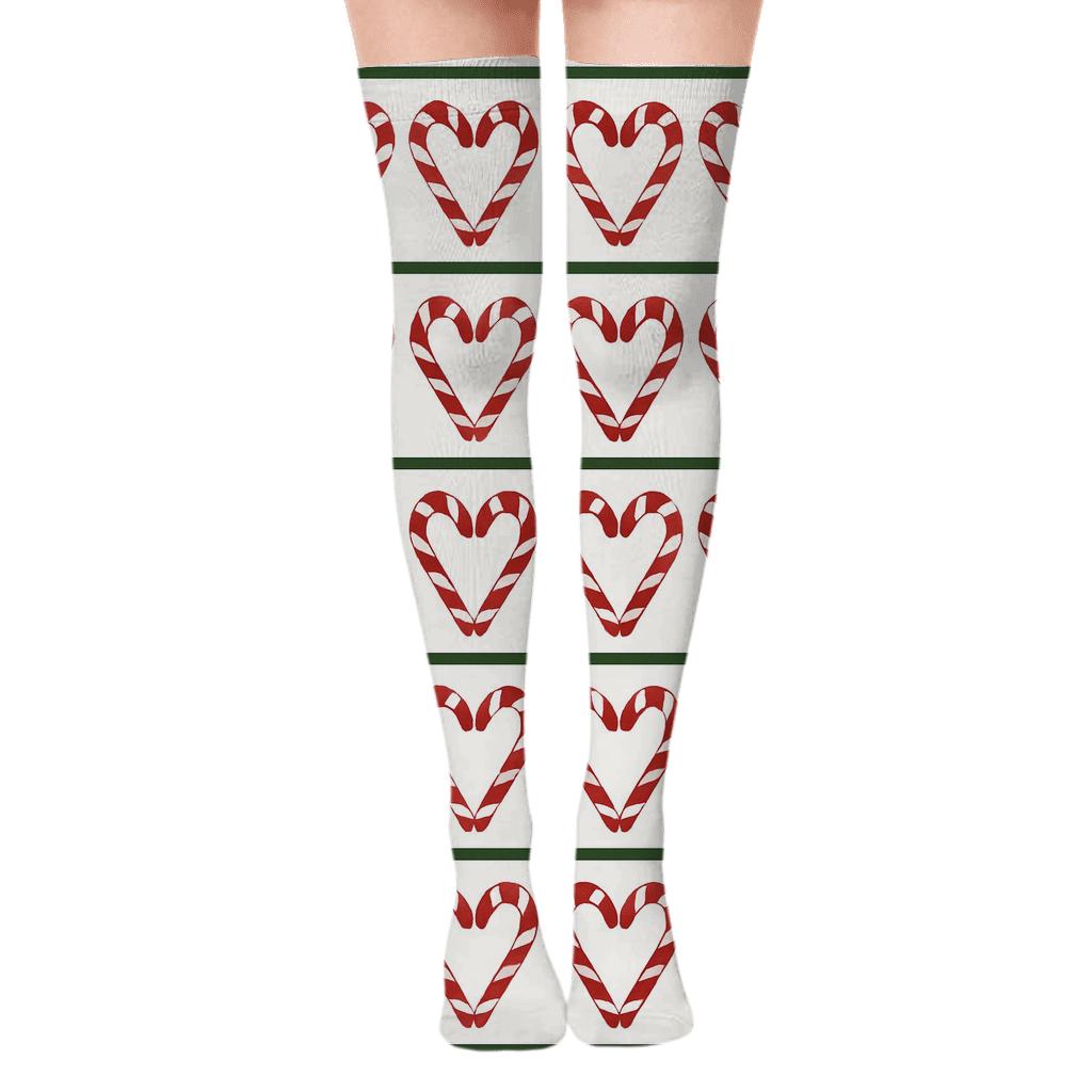 Striped Candy Cane Holiday Hearts Band unique graphic over-the-knee socks