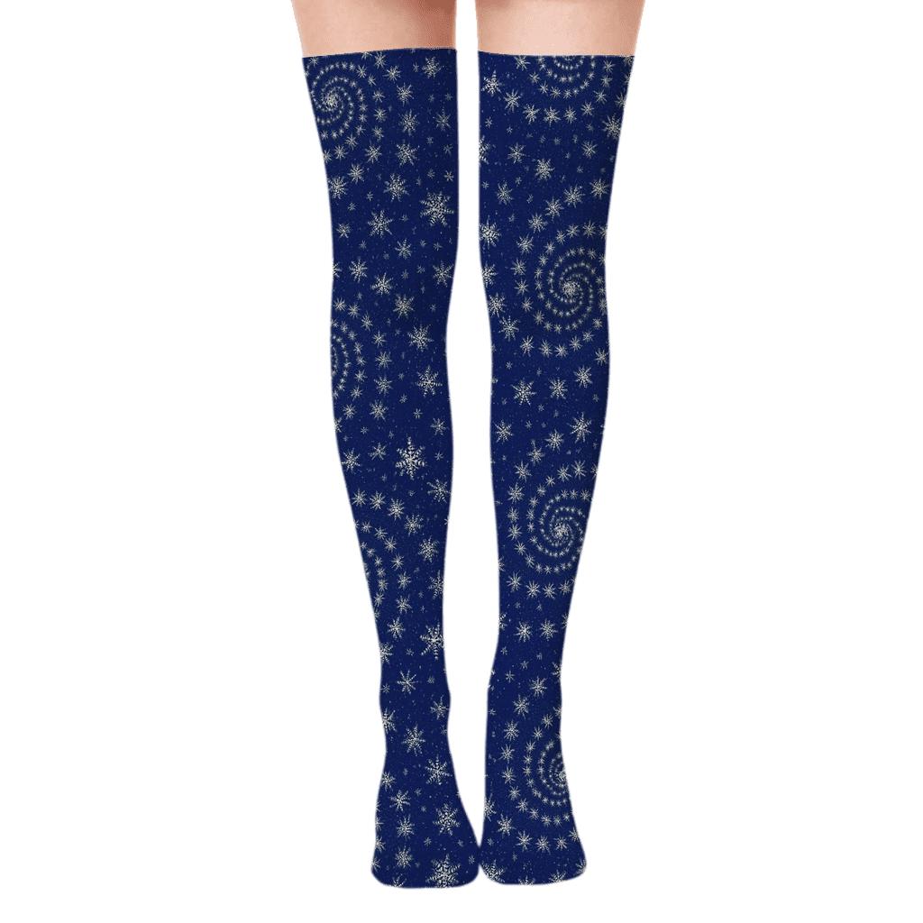 Twinkling Xmas Snowflake Spiral On Indigo trendy patterned over-the-knee socks