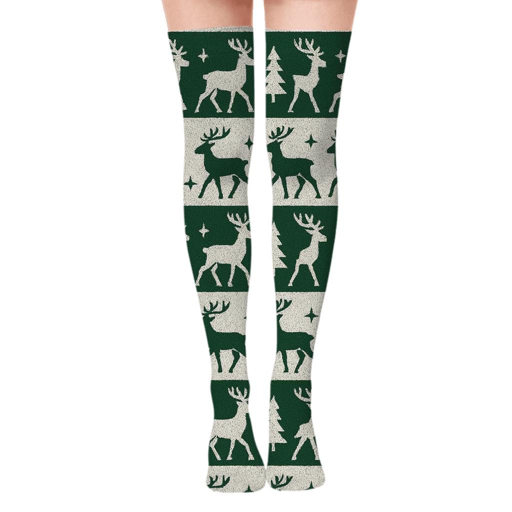 Reindeer Holiday Silhouette Forest Stripe comfortable cotton over-the-knee socks
