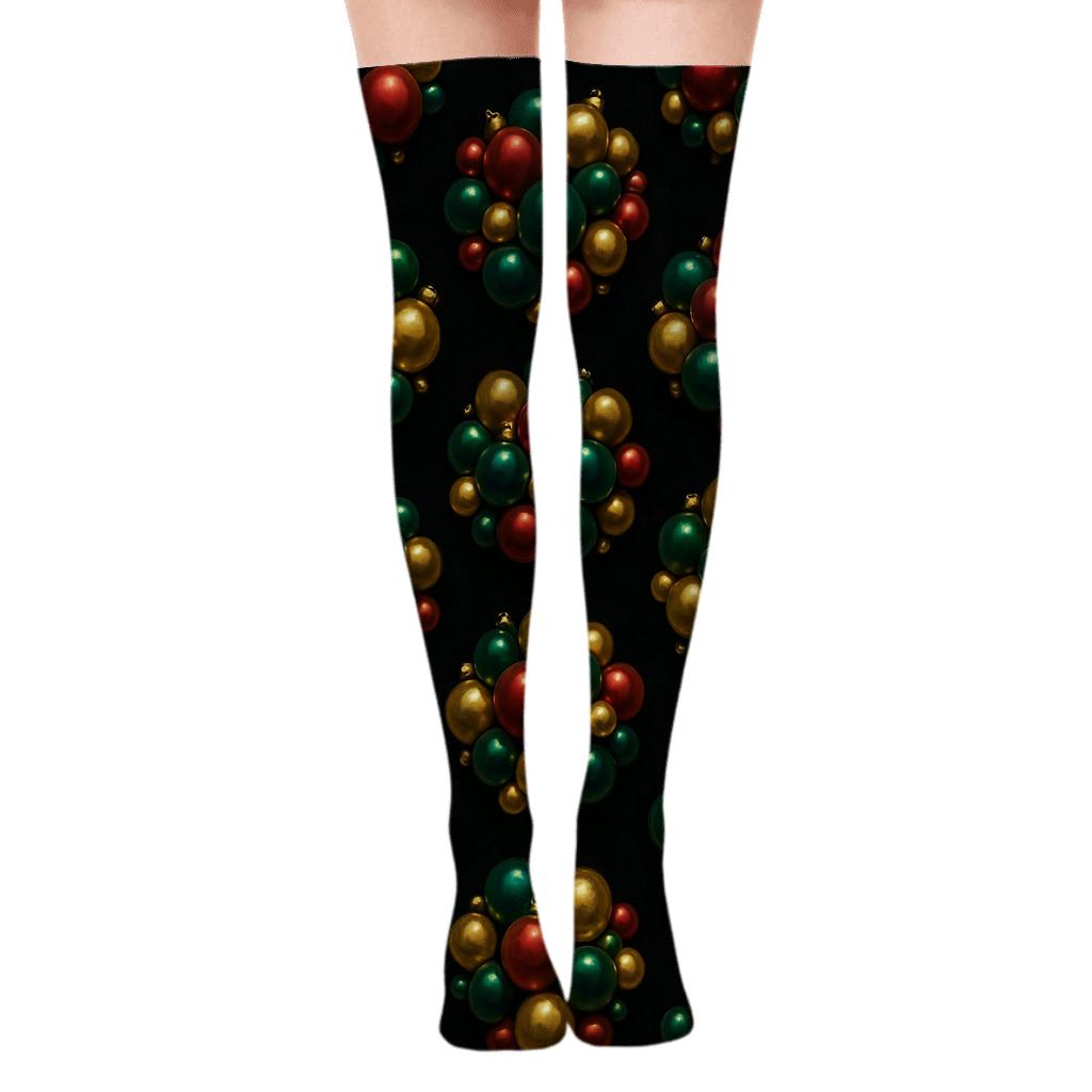 Glistening Xmas Bauble Cluster On Black Velvet designer print over-the-knee socks