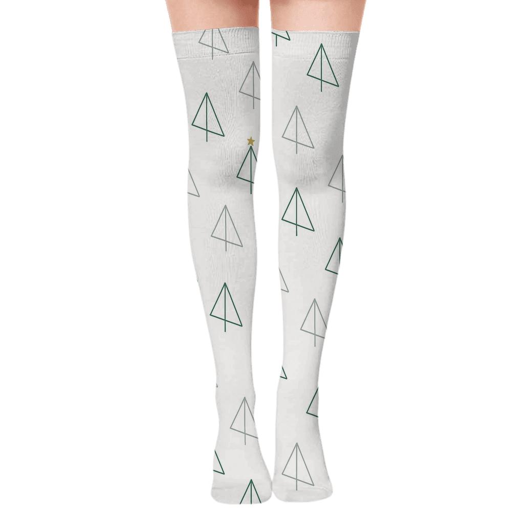 Minimal Holiday Tree Line Icons On White designer print over-the-knee socks