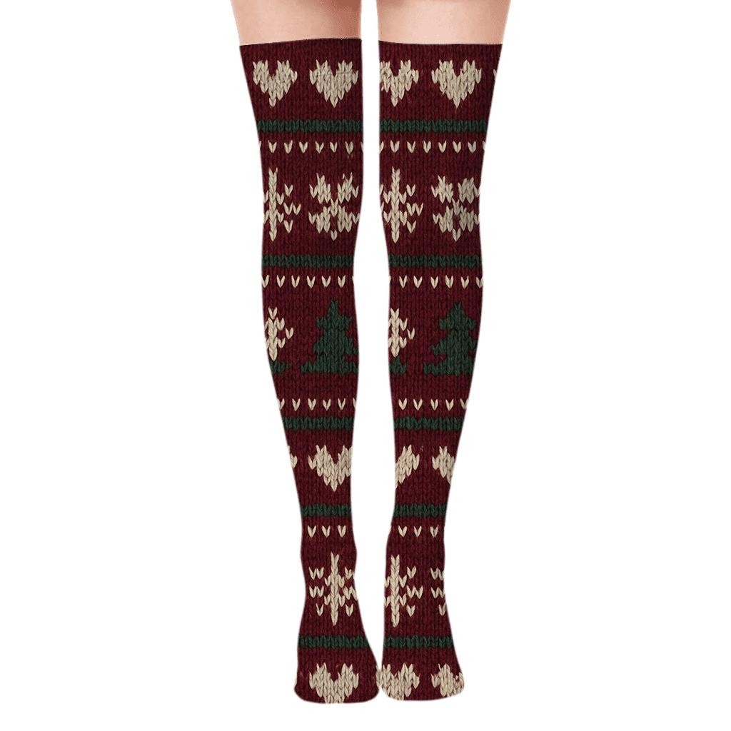 Sweater Style Holiday Fair Isle On Burgundy designer print over-the-knee socks