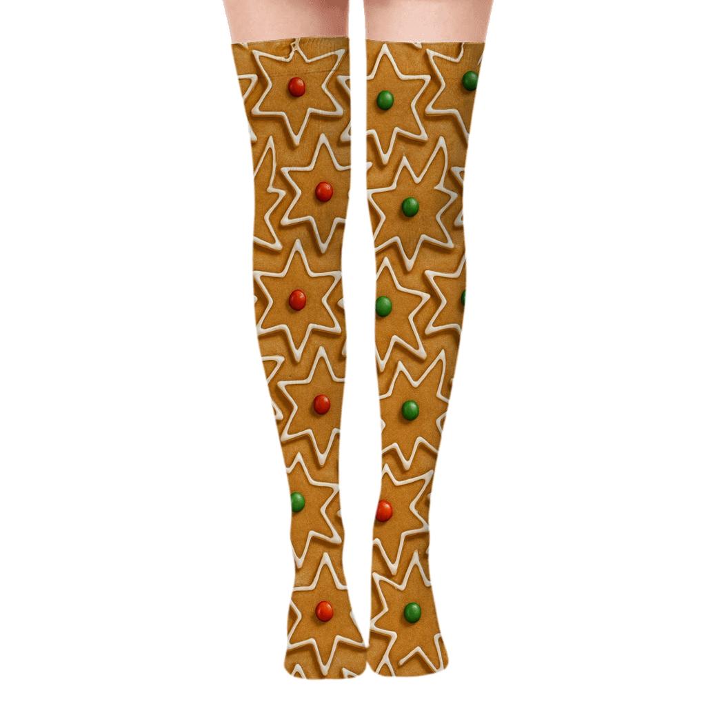 Gingerbread Star Holiday Tessellation On Tan premium cozy over-the-knee socks