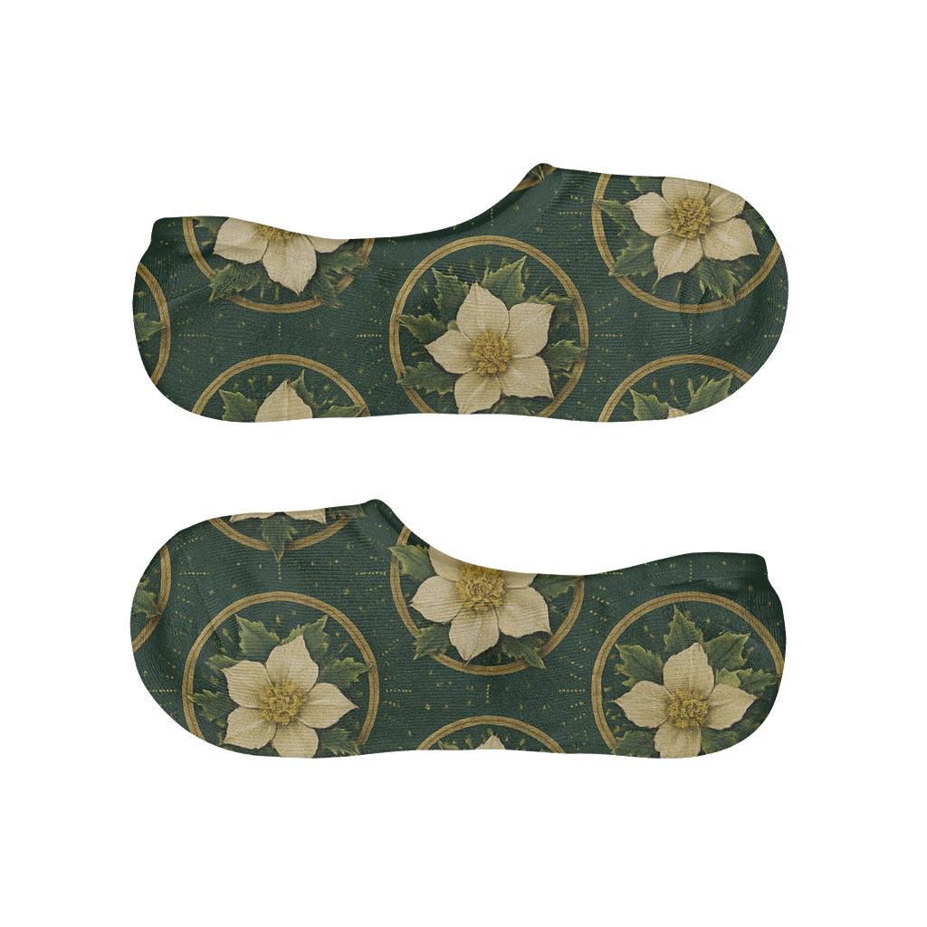 Gilded Christmas Rose Medallions On Deep Forest breathable no-show socks