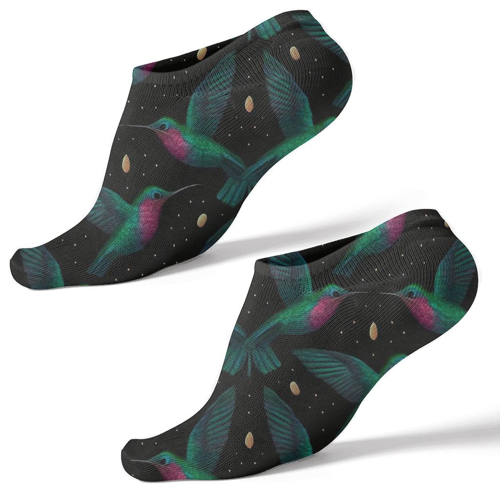 Hummingbird Orbit Lattice On Midnight Black soft everyday ankle socks