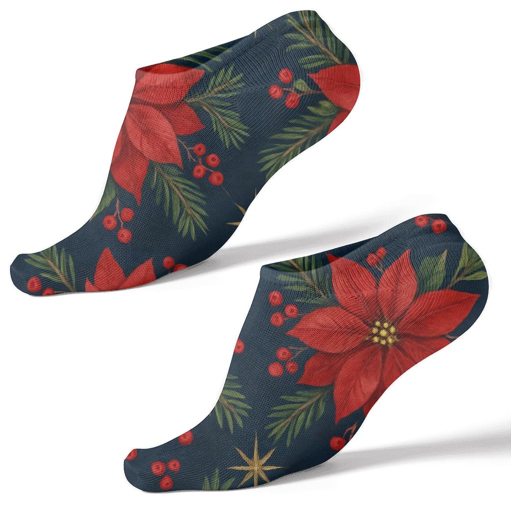 Crimson Poinsettia Lattice On Midnight Sky stylish athletic ankle socks