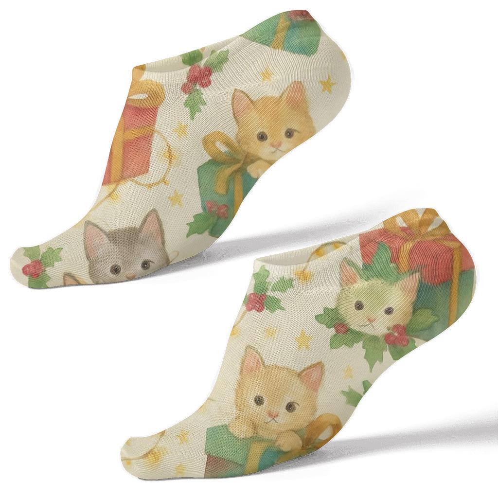 Watercolor Gift Box Kittens With Fairy Lights custom ankle socks