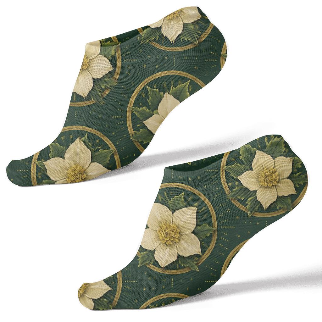 Gilded Christmas Rose Medallions On Deep Forest unique graphic ankle socks