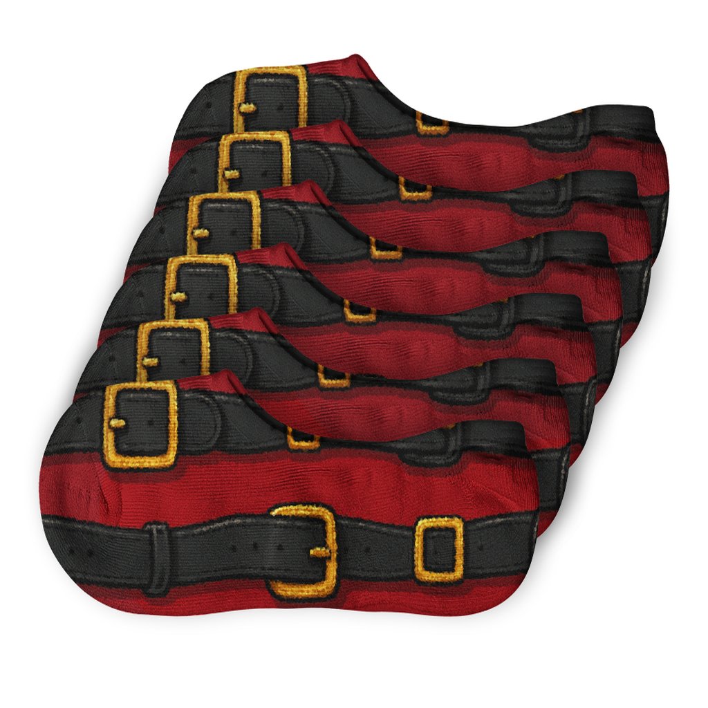 Santa Belt Parade On Deep Red Field soft cotton no-show socks