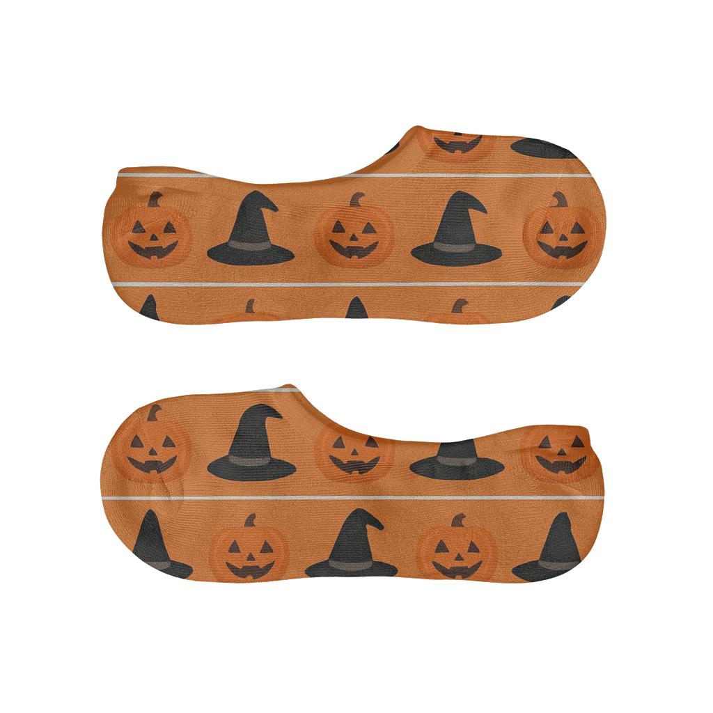Witch Hat And Pumpkin Ribbon Bands On Orange Background soft cotton no-show socks