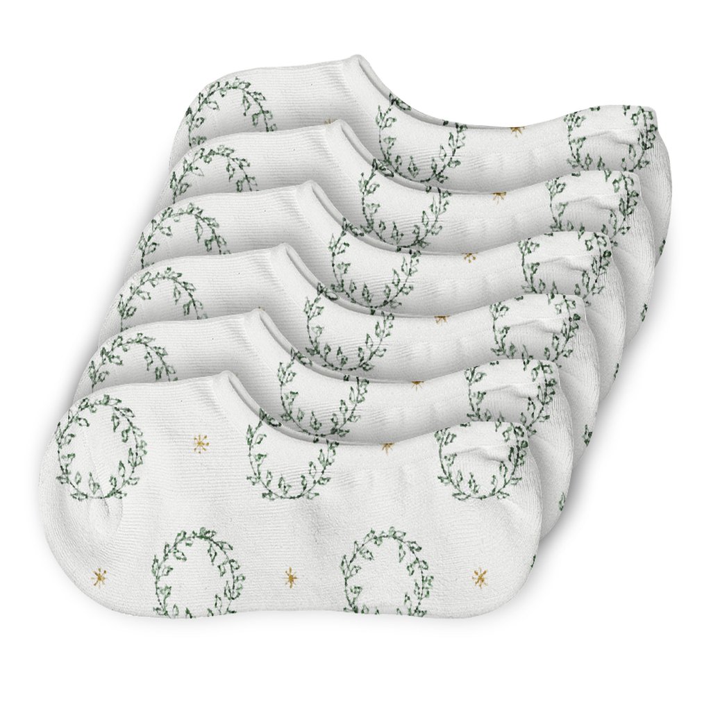 Holly Wreath Constellation Grid On Snow White designer print no-show socks