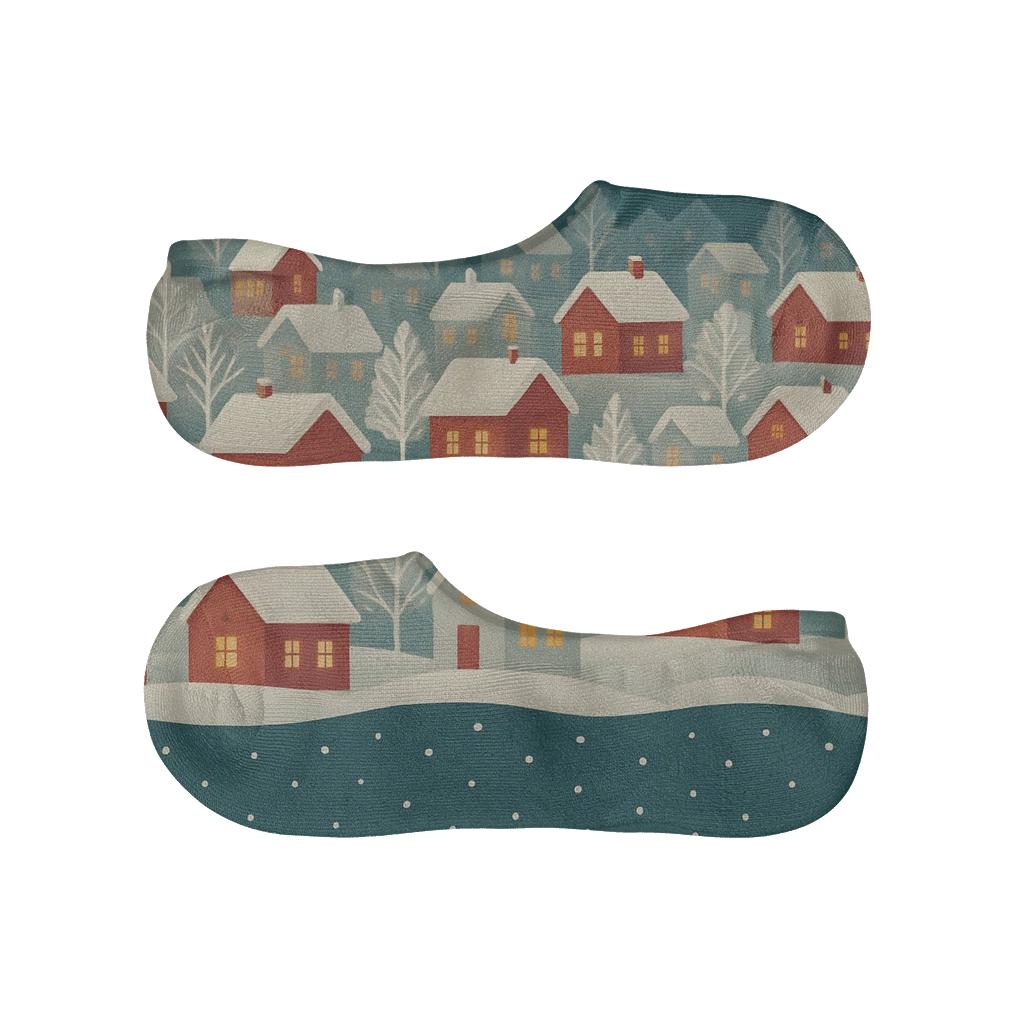 Snowy Village Xmas Landscape Wrap designer print no-show socks